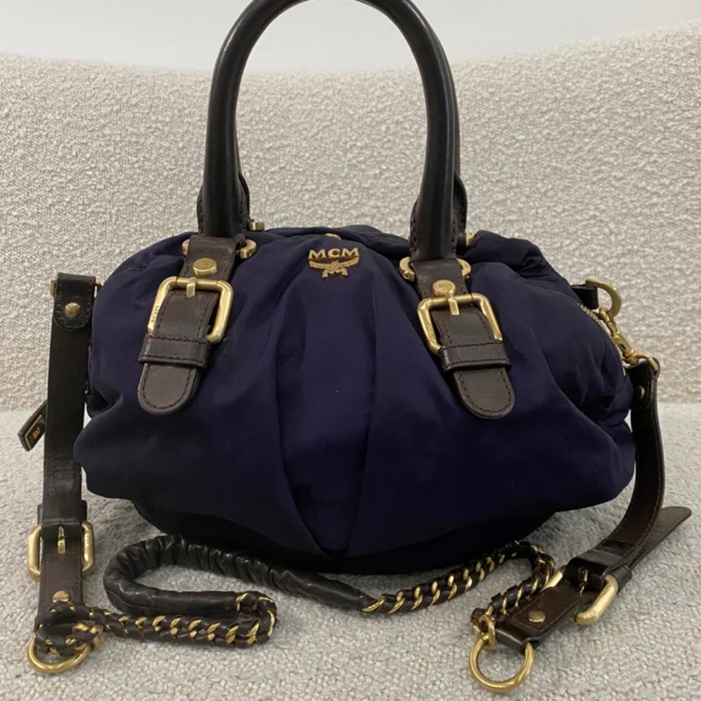 Authentic Pre-Owned MCM Visetos Original Boston bag in dark purple navy colour